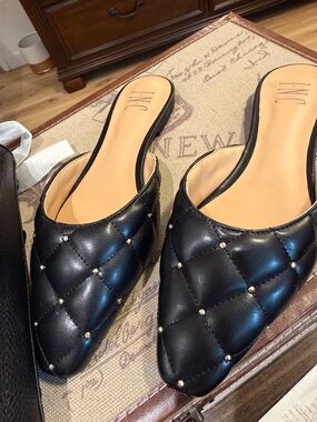 INC International Concepts Black Quilted Studded Slip-On Mules